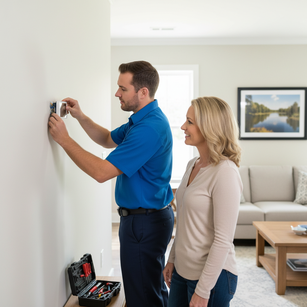 BIM Heating and Cooling professional installing a new thermostat in a Virginia home near Fredericksburg.