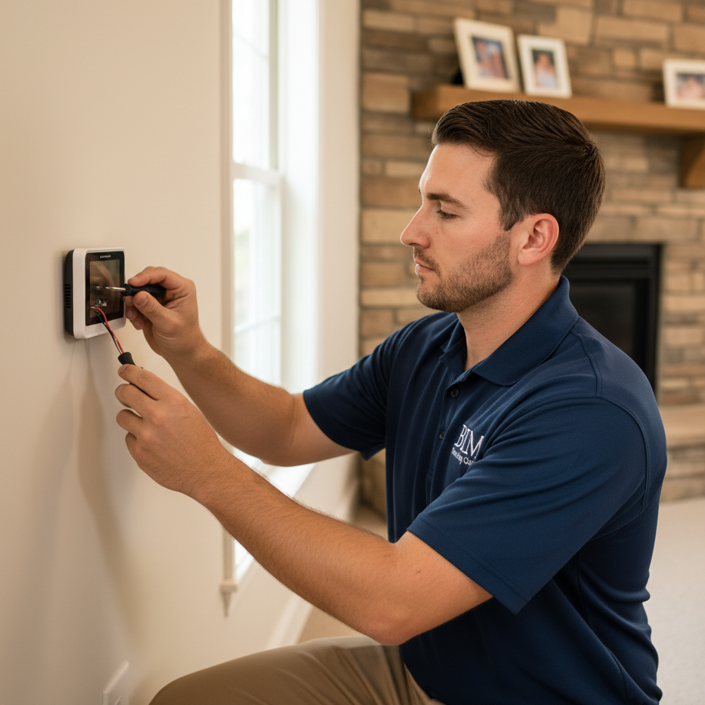BIM Heating and Cooling professional installing a new thermostat in a Fredericksburg, Virginia residence.