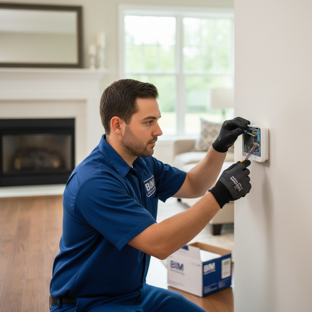 BIM Heating and Cooling professional installing a new thermostat in a Virginia county home.