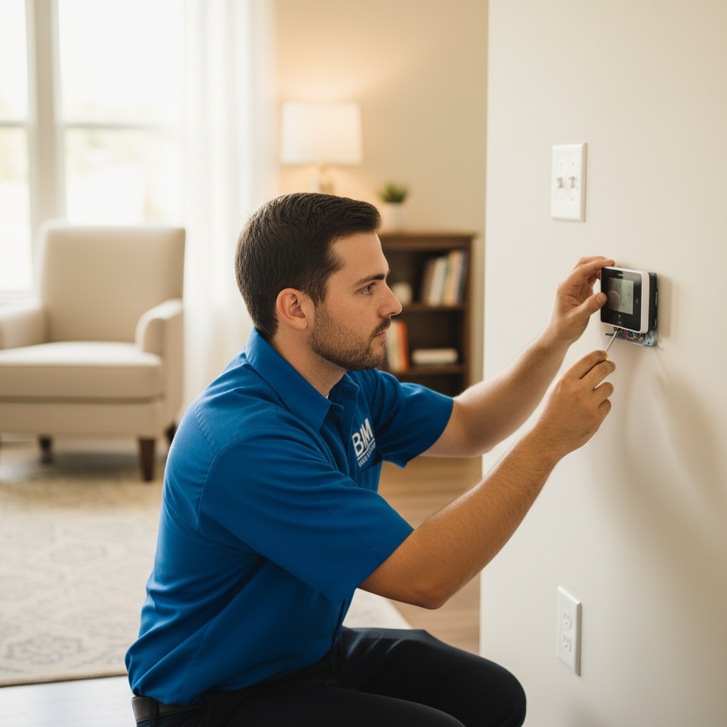 BIM Heating and Cooling professional installing a new thermostat in a Fredericksburg, Virginia residence.