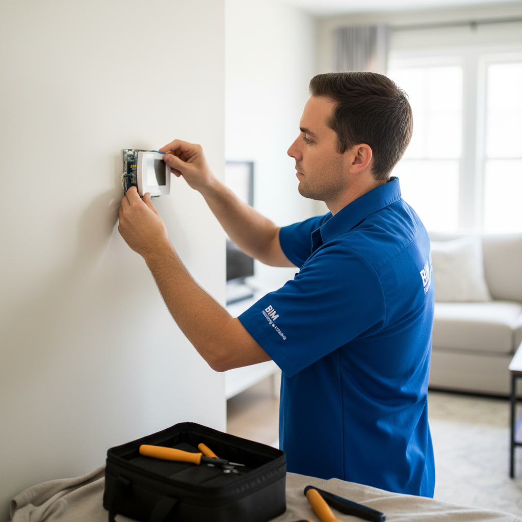 BIM Heating and Cooling professional installing a new thermostat in a Stafford, Virginia home.