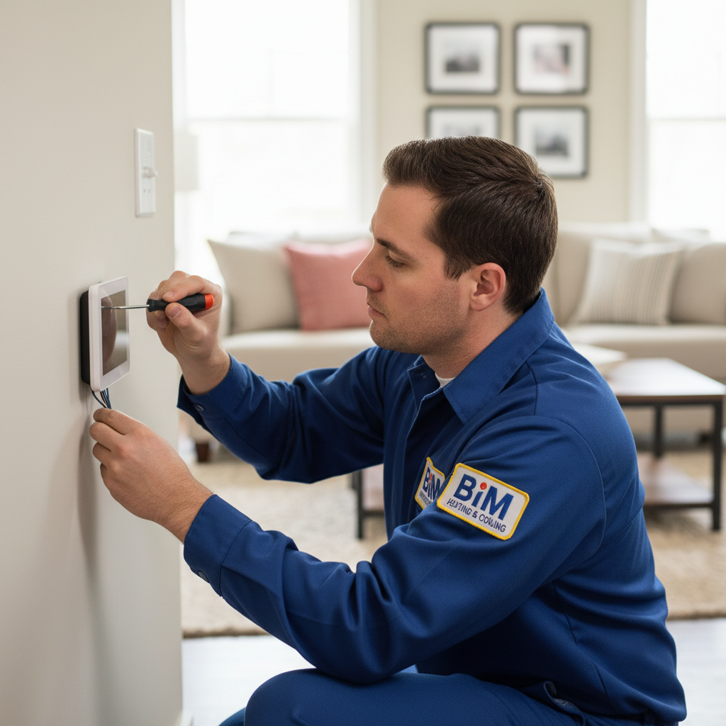 BIM Heating and Cooling professional installing a new thermostat in a modern home in Fredericksburg and surrounding Virginia counties.