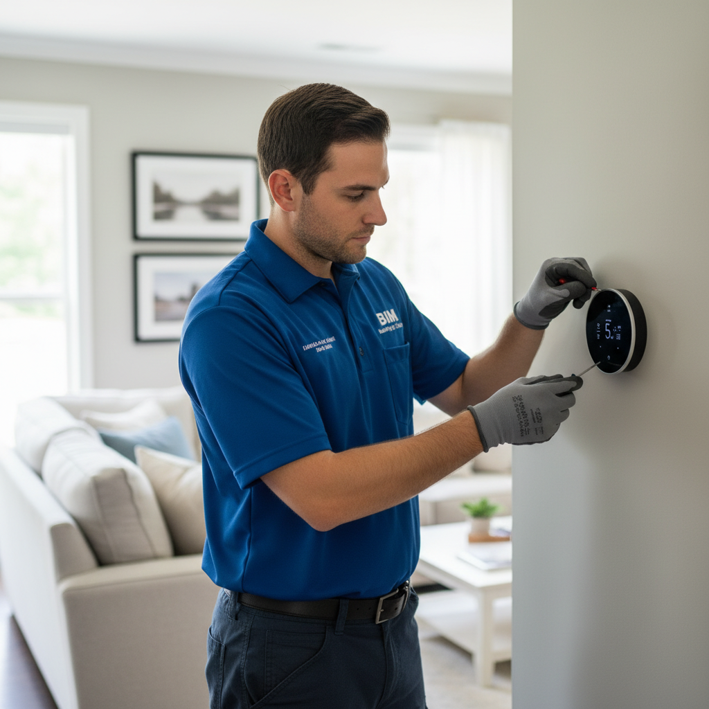 BIM Heating and Cooling professional installing a new thermostat in a Spotsylvania, Virginia home.