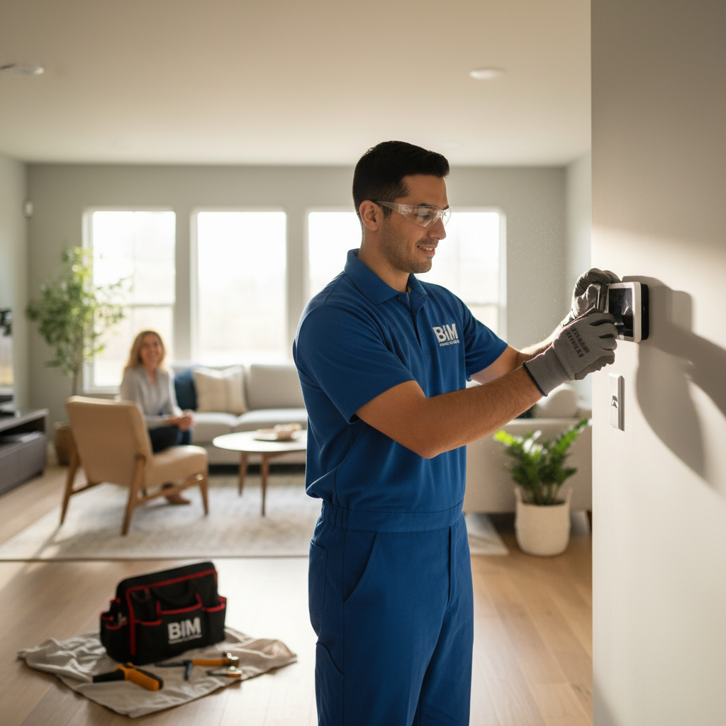 BIM Heating and Cooling professional installing a new thermostat in a modern home near Fredericksburg, VA.