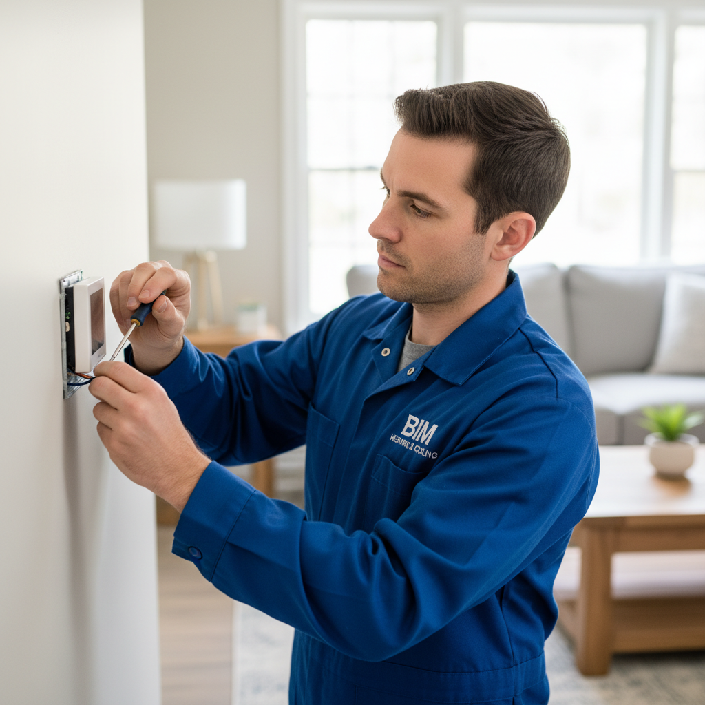 BIM Heating and Cooling professional installing a new thermostat in a modern Fredericksburg, VA living room.