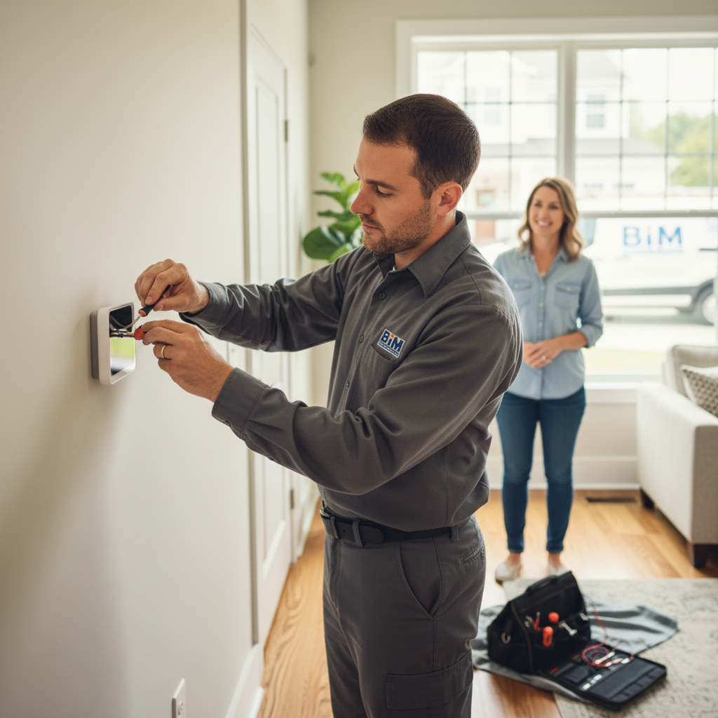 BIM Heating and Cooling professional installing a new thermostat in a Fredericksburg, Virginia home.