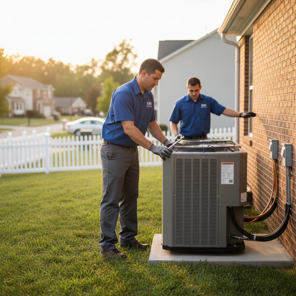 BIM Heating and Cooling professional installing an outdoor HVAC unit in Fredericksburg, Virginia.