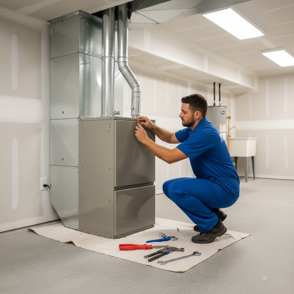 BIM Heating and Cooling professional installing new furnace in a modern Fredericksburg, Virginia basement.