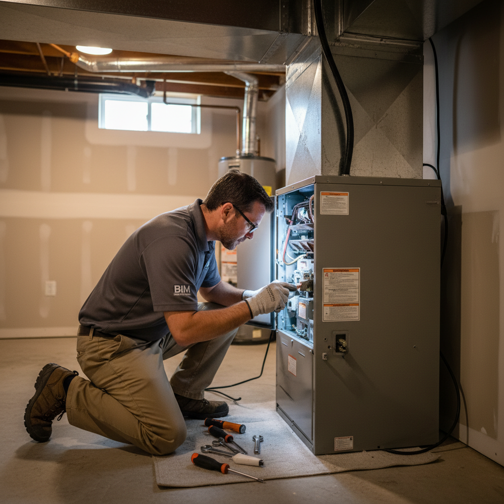 BIM Heating and Cooling professional maintaining a furnace in a Virginia residential basement.