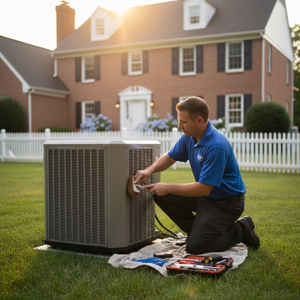BIM Heating and Cooling professional performing AC maintenance on an outdoor unit in Fredericksburg, VA.