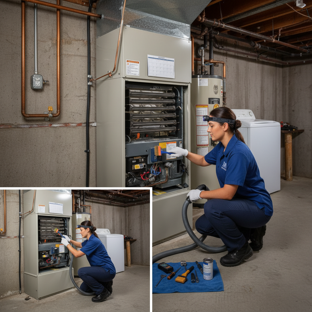 BIM Heating and Cooling professional performing AC maintenance on a furnace in Fredericksburg, Virginia.