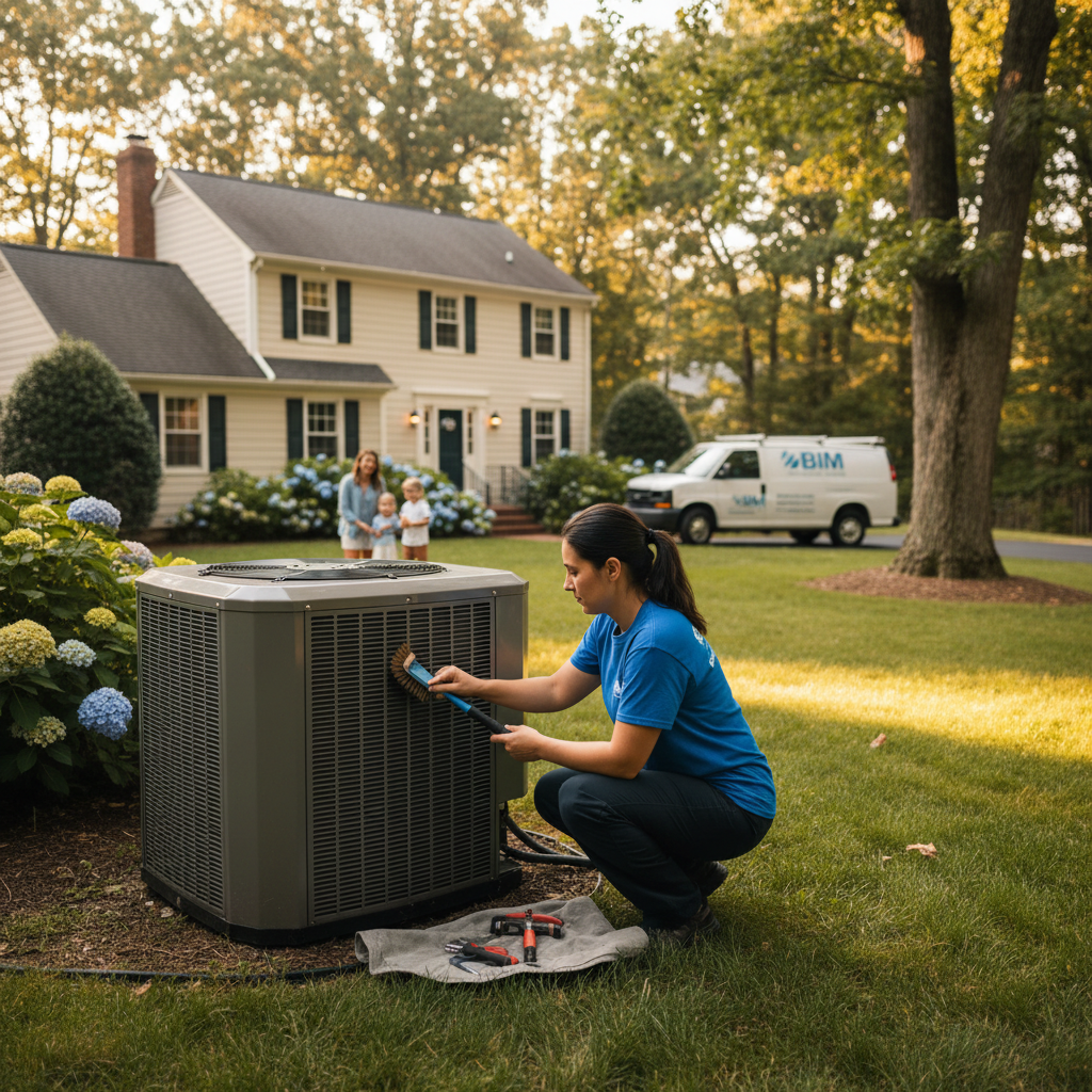 BIM Heating and Cooling professional performing AC maintenance in a Fredericksburg, VA backyard.