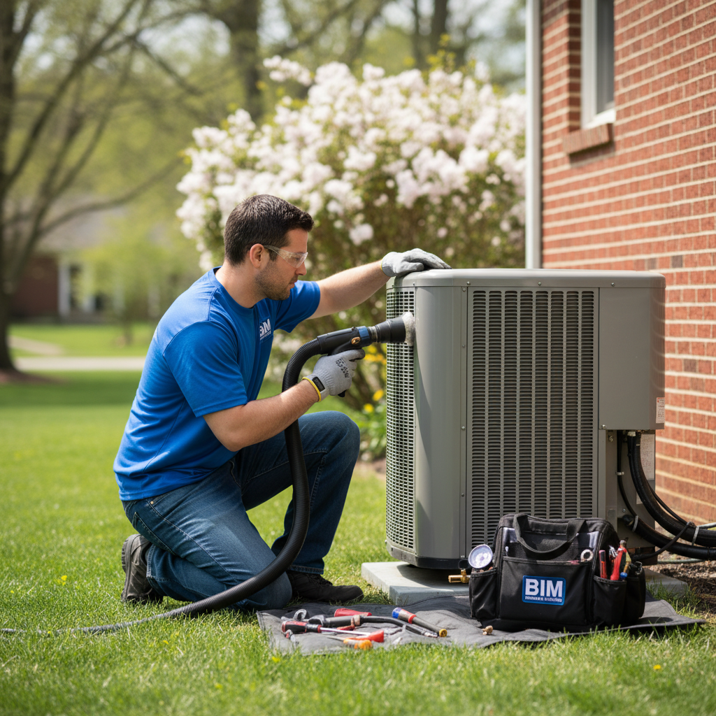 BIM Heating and Cooling professional performing AC maintenance on an outdoor unit in Fredericksburg, VA.