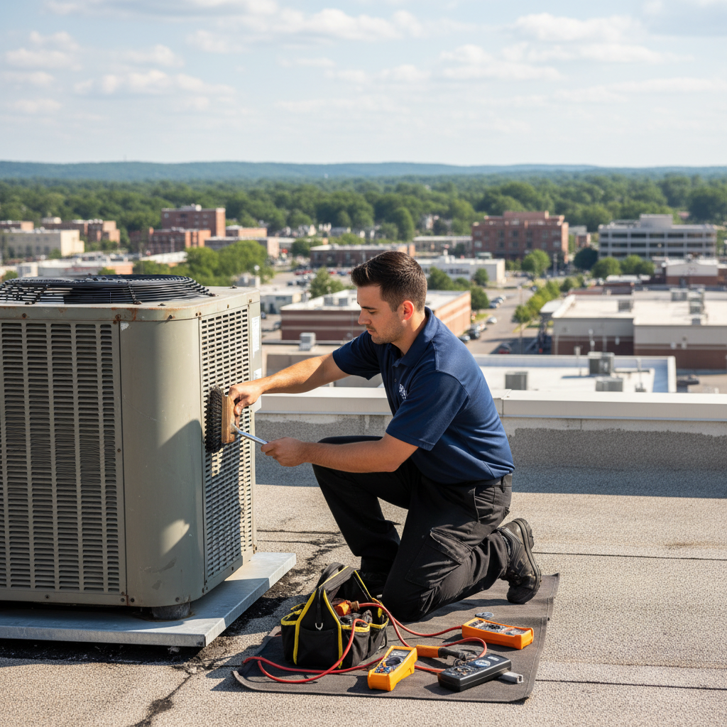 BIM Heating and Cooling professional performing AC maintenance on a rooftop unit in Fredericksburg, Virginia.