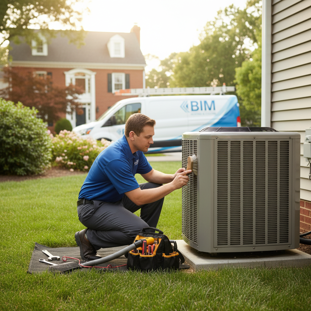 BIM Heating and Cooling professional performing AC maintenance on an outdoor unit in Fredericksburg, VA.