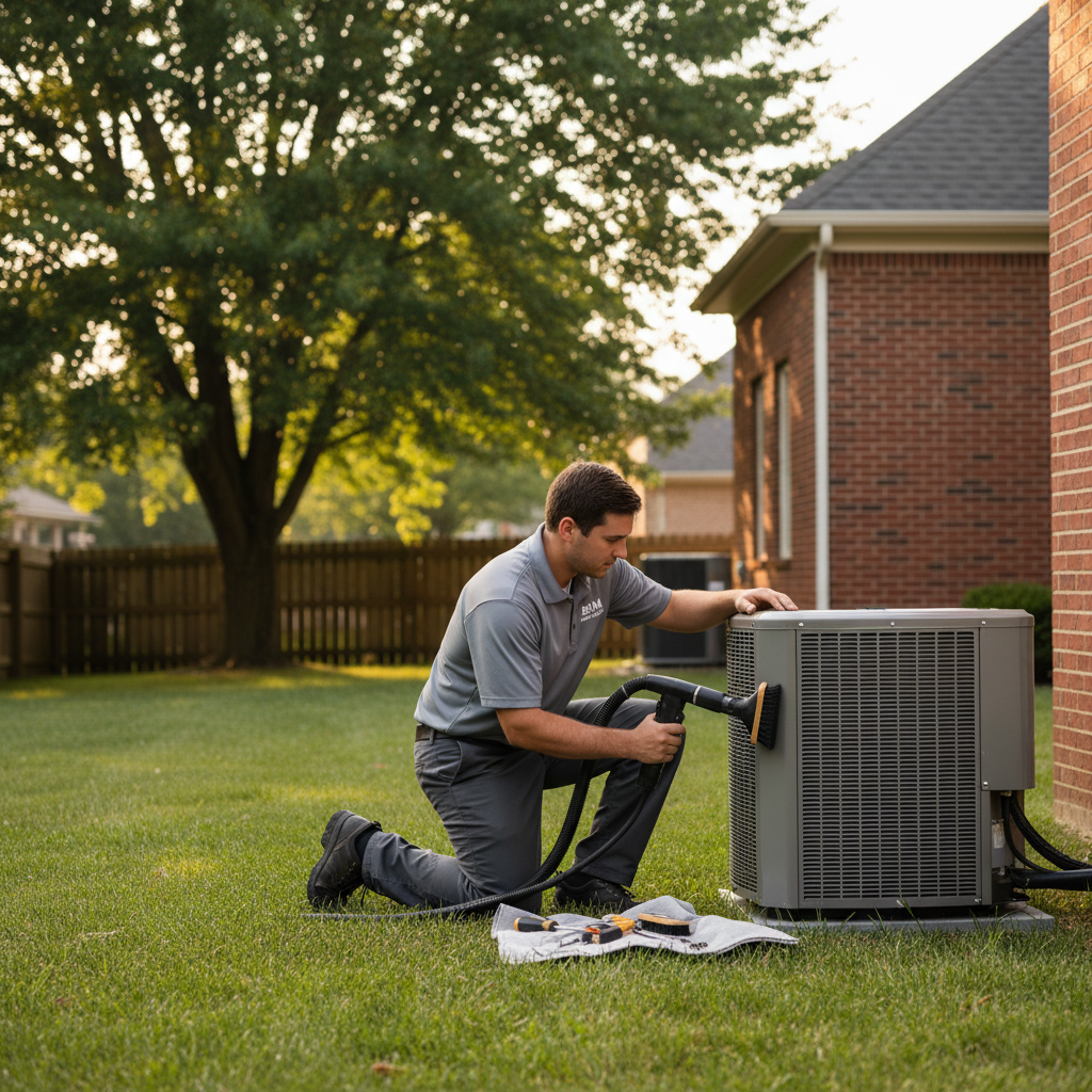 BIM Heating and Cooling professional performing AC maintenance on an outdoor unit near Fredericksburg, VA.