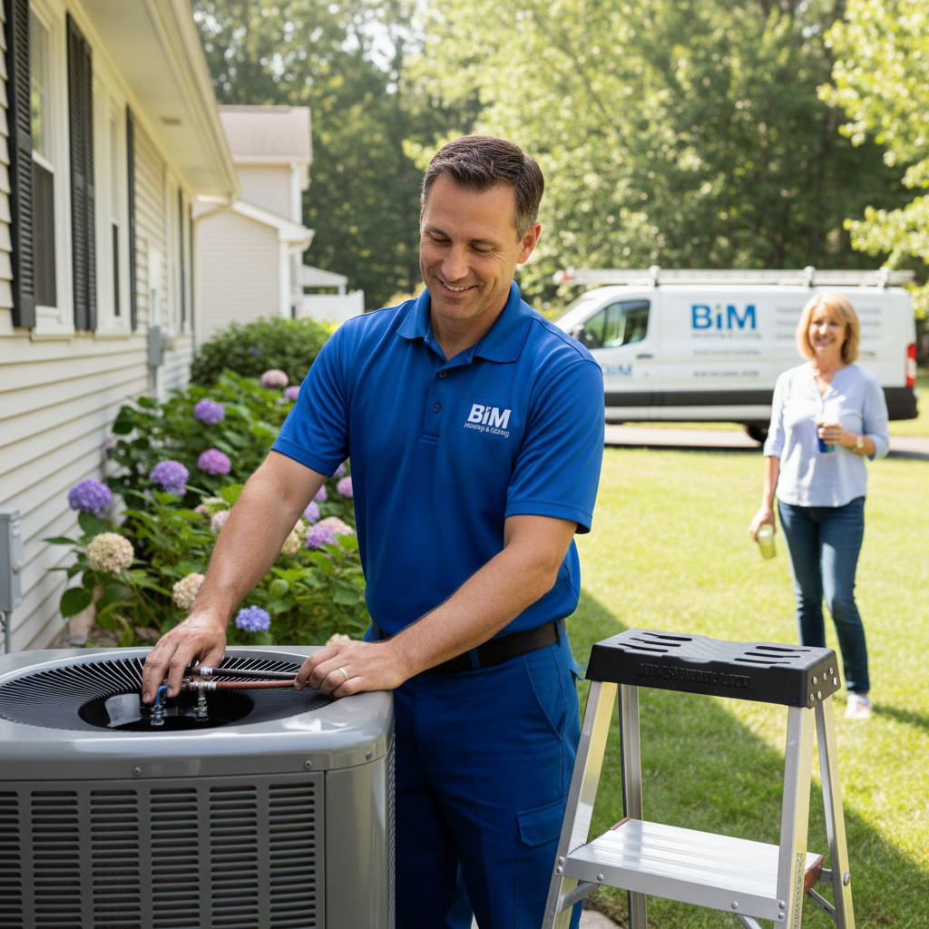 BIM Heating and Cooling professional performing AC maintenance for a client in Fredericksburg, VA.