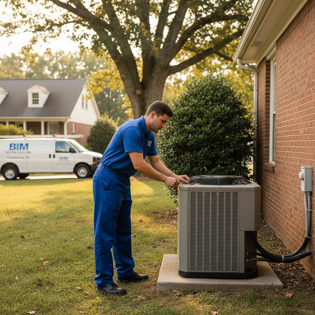 BIM Heating and Cooling professional performing AC maintenance on an outdoor unit in Fredericksburg, VA.