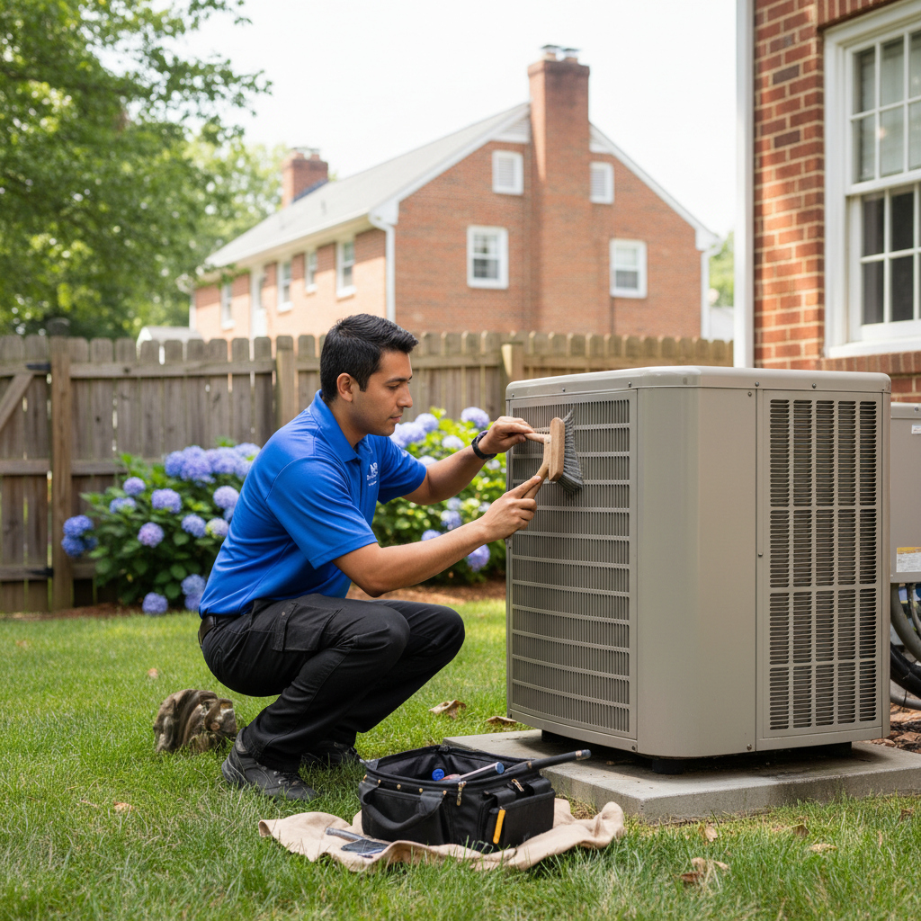BIM Heating and Cooling professional performing AC maintenance on an outdoor unit in Fredericksburg, VA.