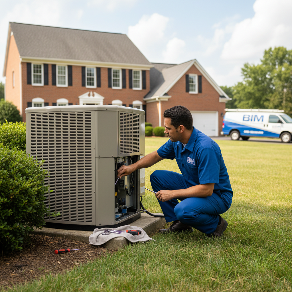 BIM Heating and Cooling professional performing AC repair on an outdoor unit in Fredericksburg, VA.