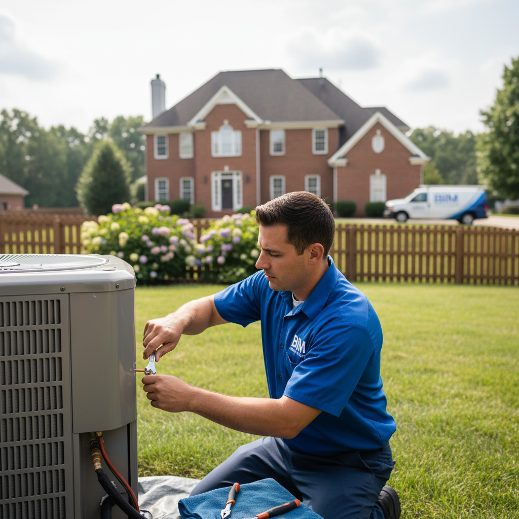 BIM Heating and Cooling professional performing AC repair on an outdoor unit in Fredericksburg, VA.