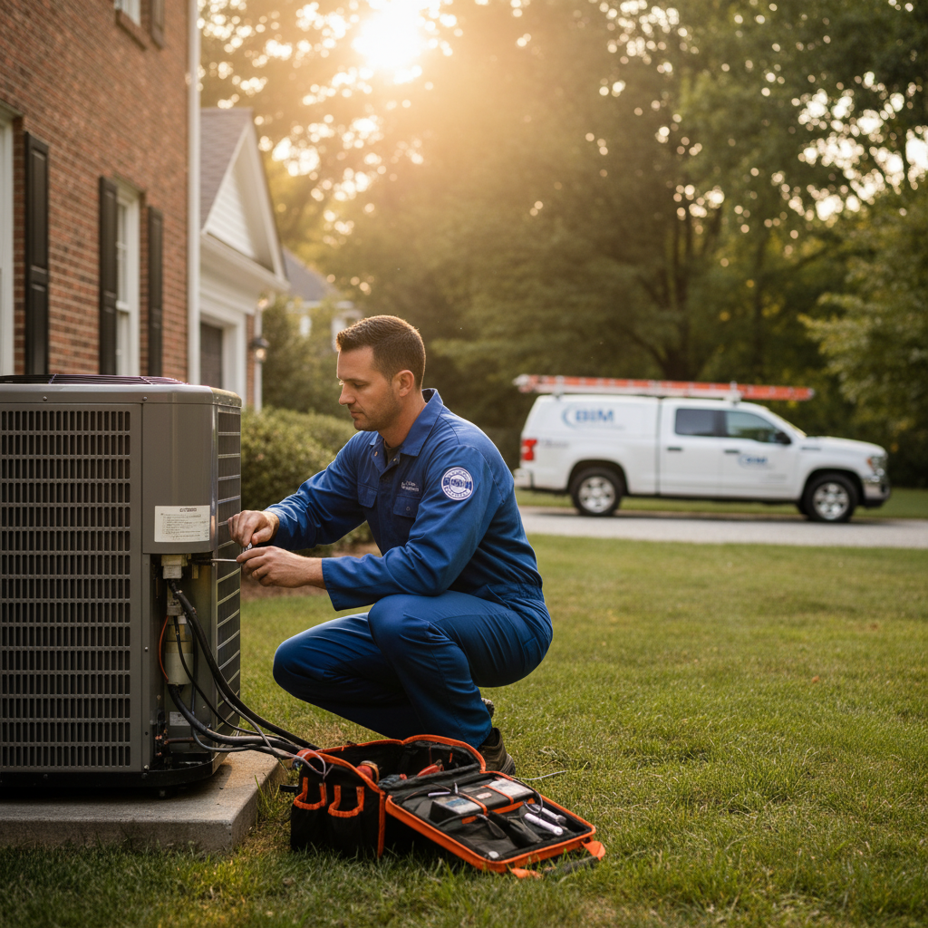 BIM Heating and Cooling professional performing AC repair on an outdoor unit in Fredericksburg, Virginia.
