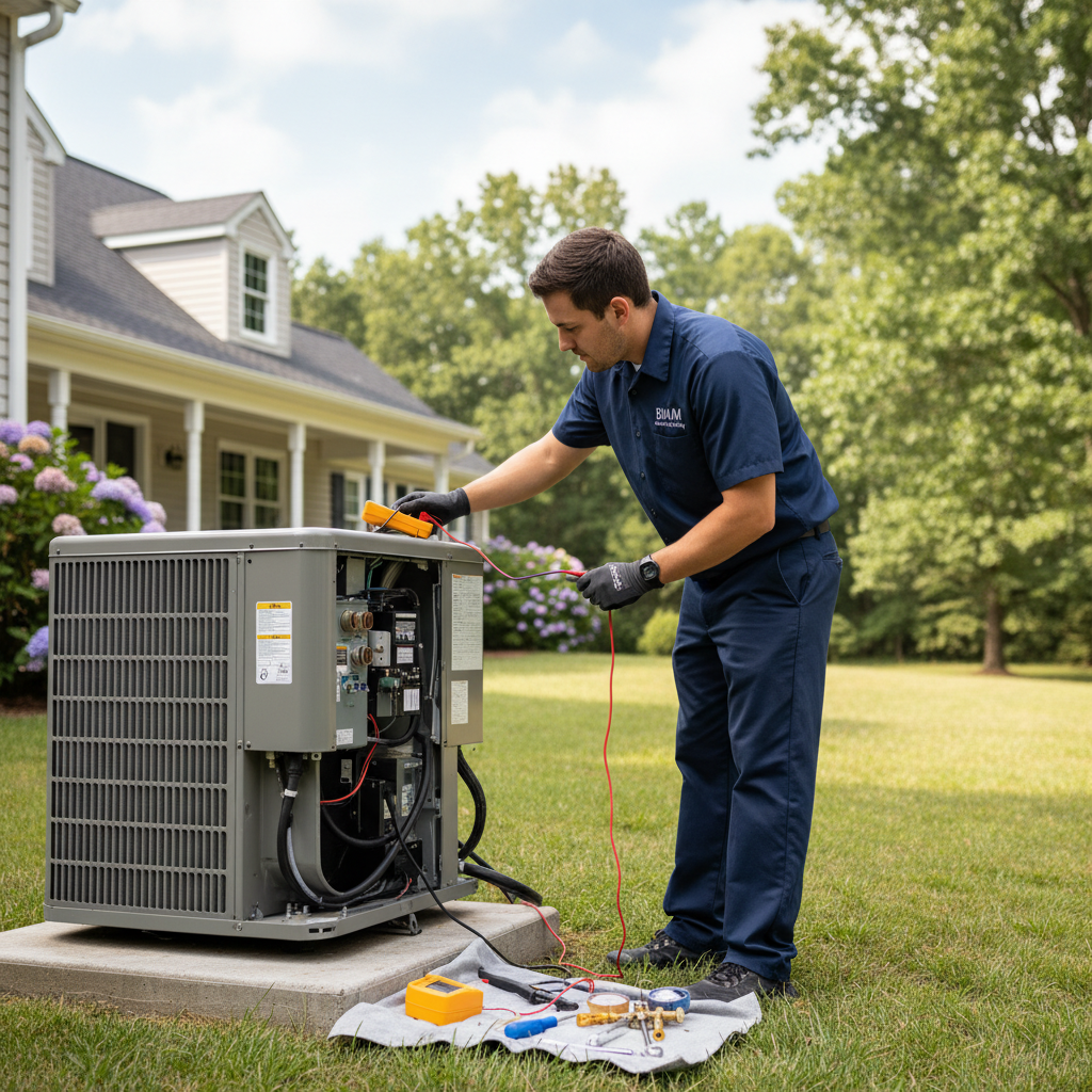 BIM Heating and Cooling professional performing AC repair outdoors in Fredericksburg, Virginia.