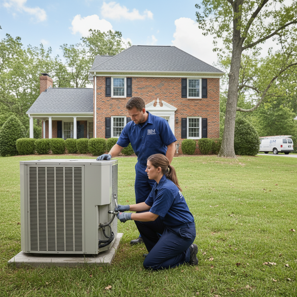 BIM Heating and Cooling professional performing AC repair outside a home in Fredericksburg, Virginia.