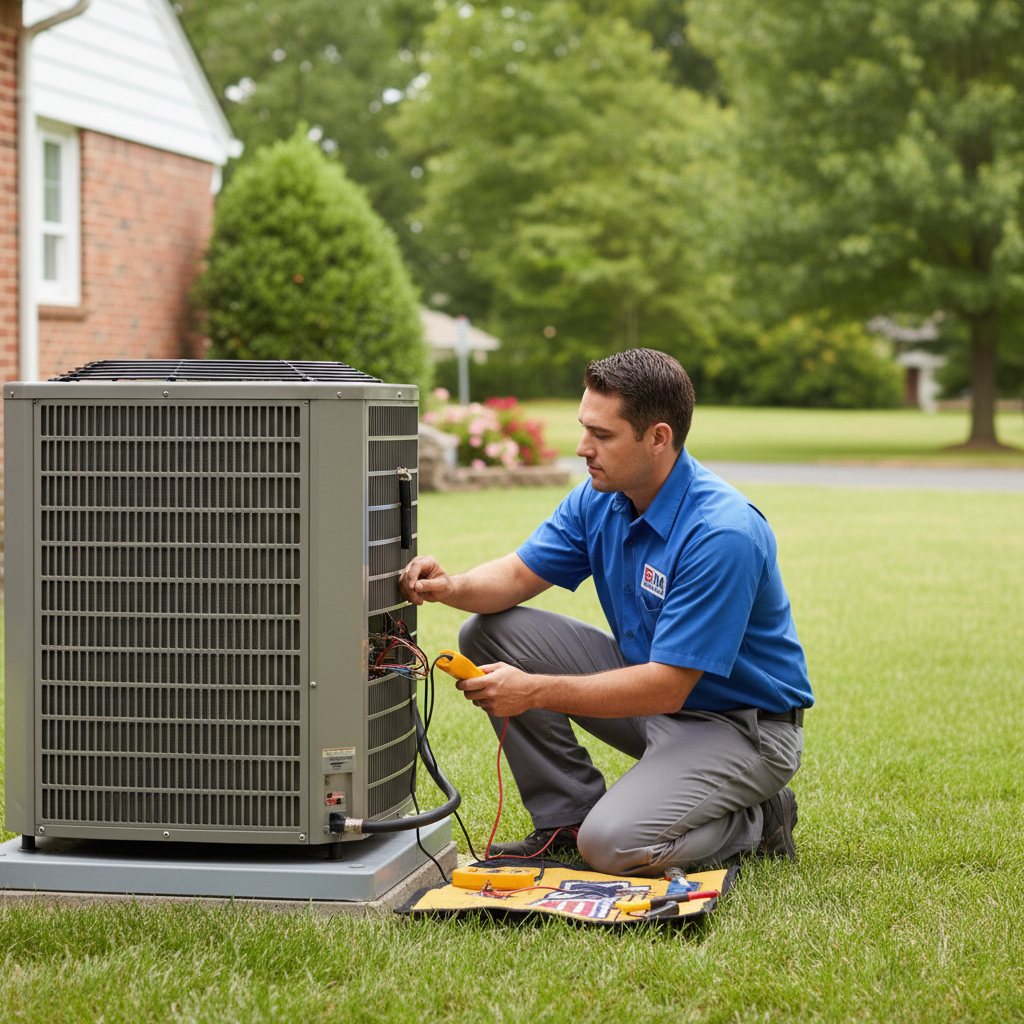 BIM Heating and Cooling professional performing AC repair outside a home in Stafford County, Virginia.