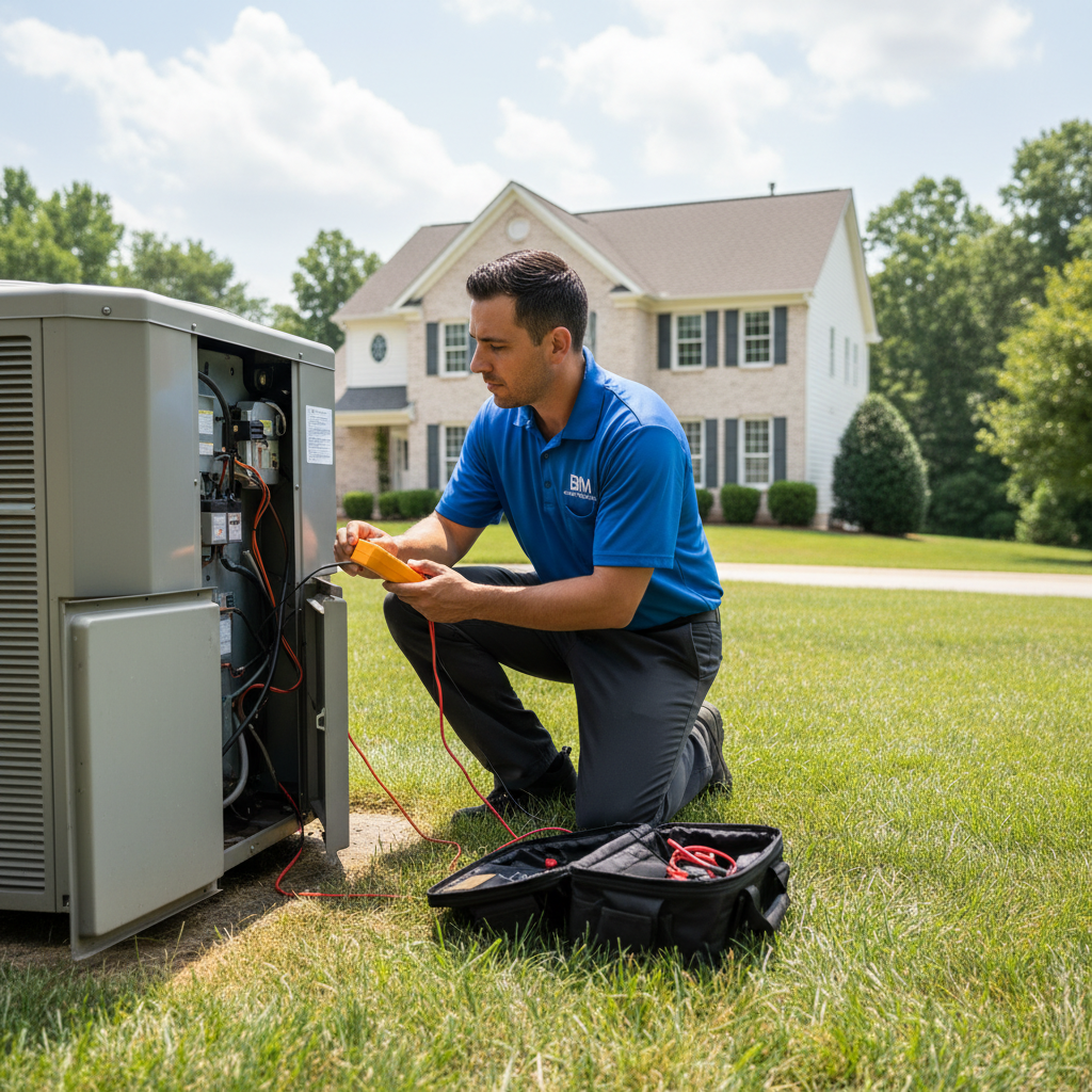 BIM Heating and Cooling professional performing AC repair outside a home in Stafford County, Virginia.