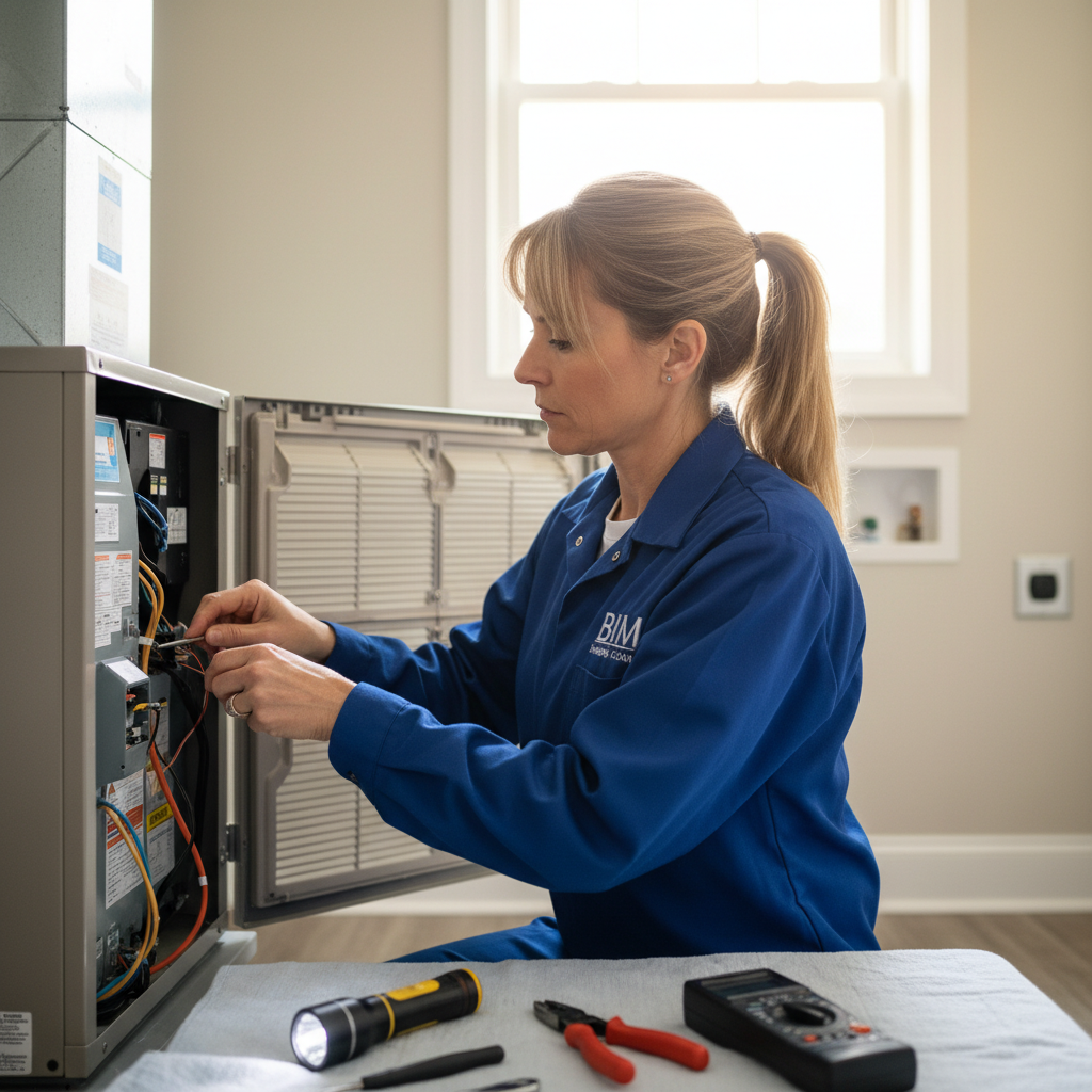 BIM Heating and Cooling professional performing air conditioning maintenance in Fredericksburg, Virginia.