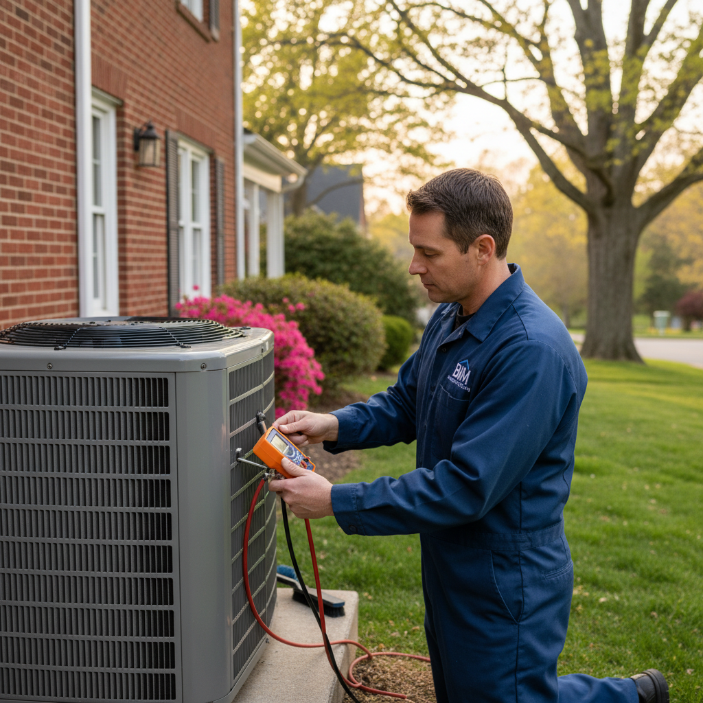 BIM Heating and Cooling professional performing air conditioning maintenance in a Fredericksburg, Virginia residence.