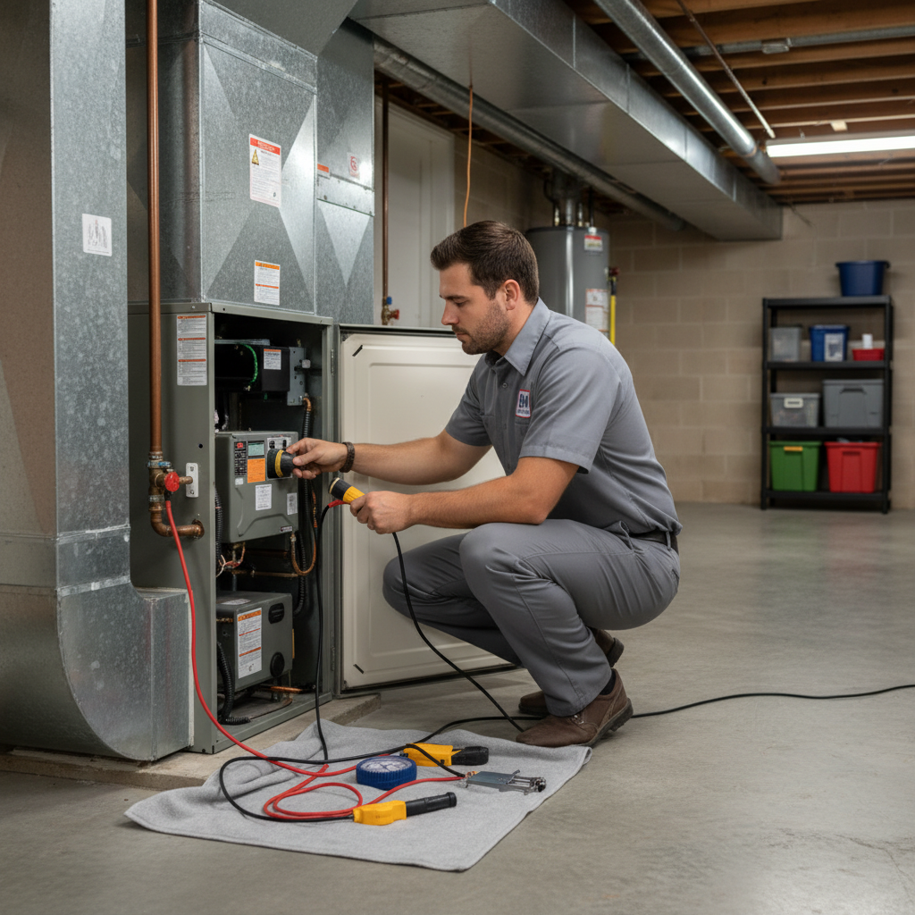 BIM Heating and Cooling professional performing furnace maintenance in a Virginia basement near Fredericksburg.