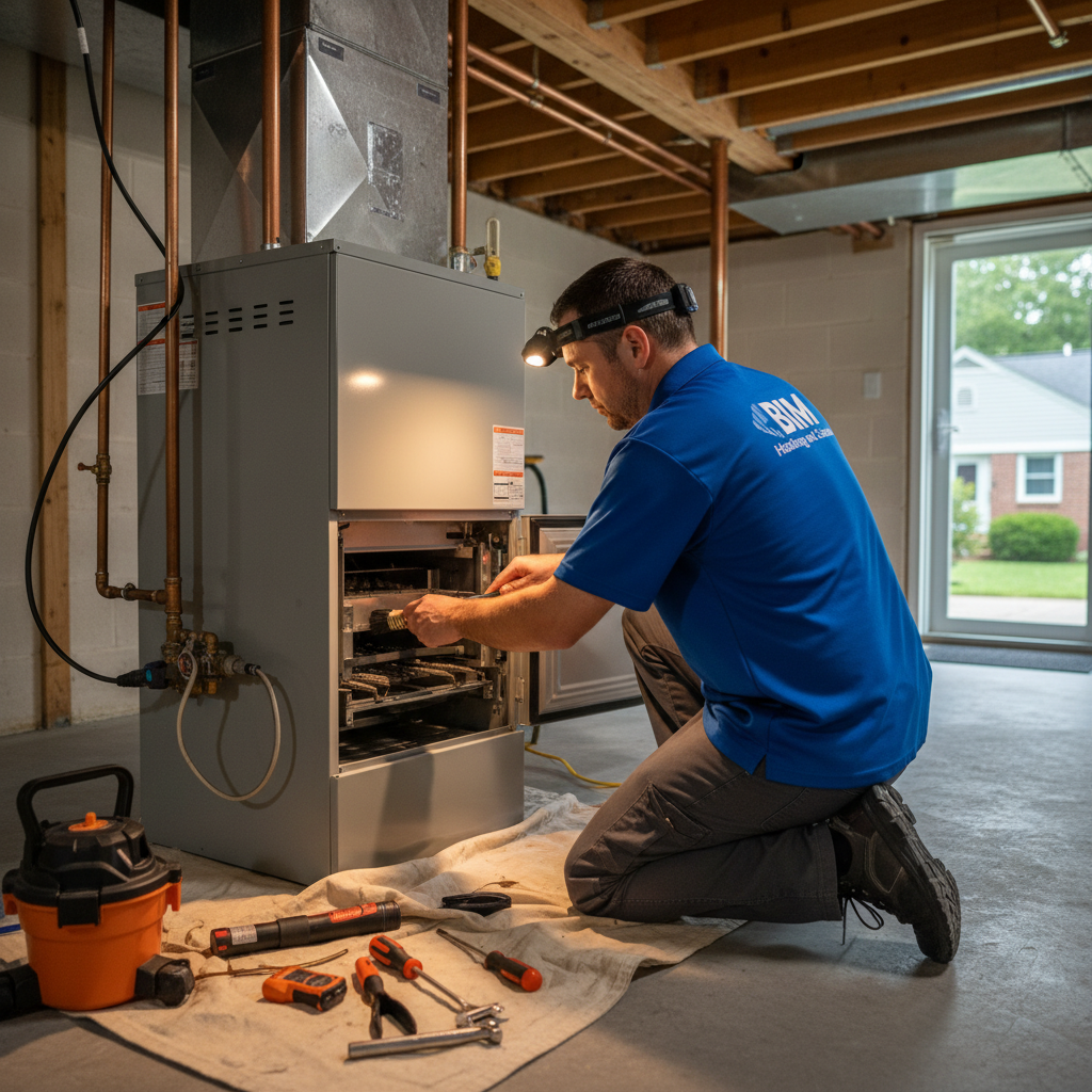BIM Heating and Cooling professional performing furnace maintenance in a Fredericksburg, Virginia home.