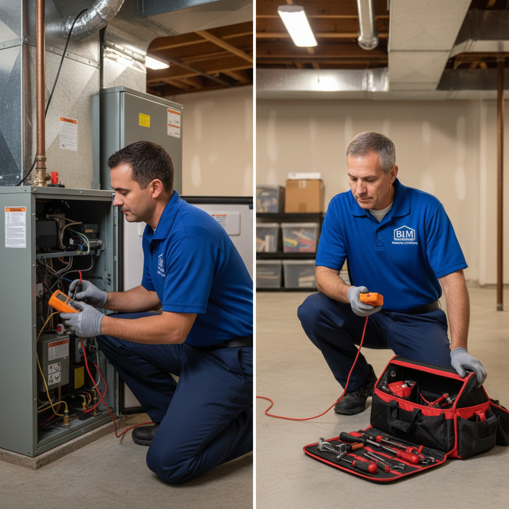 BIM Heating and Cooling professional performing furnace maintenance in a Virginia home near Fredericksburg.