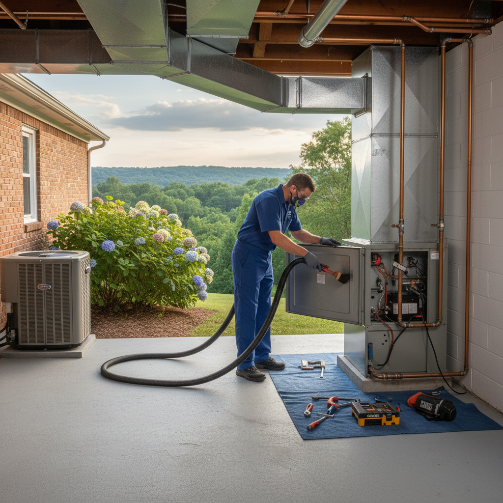 BIM Heating and Cooling professional performing HVAC maintenance in a Virginia basement near Fredericksburg.