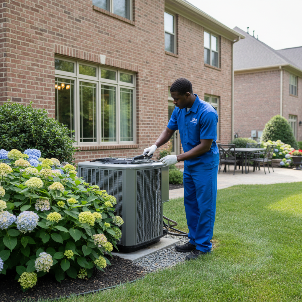 BIM Heating and Cooling professional performing HVAC maintenance on an outdoor unit in Fredericksburg, VA.