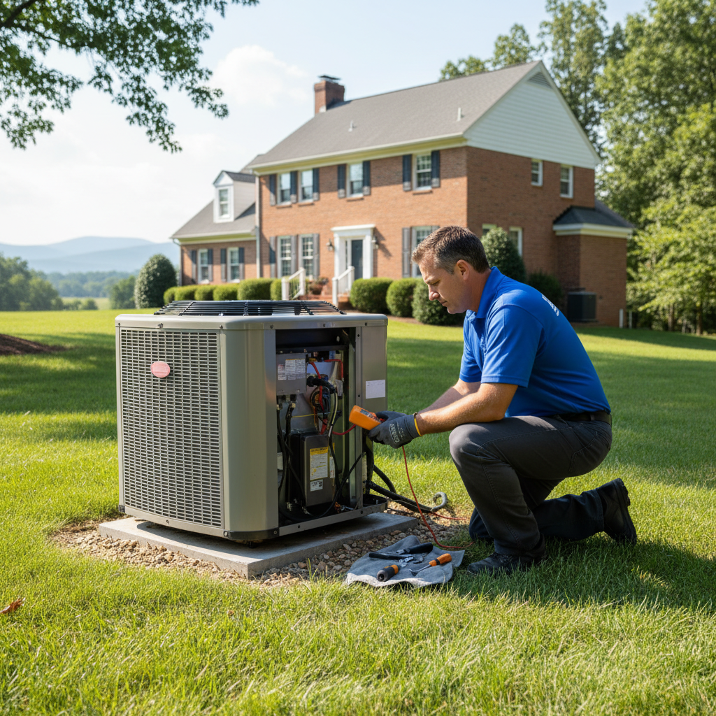 BIM Heating and Cooling professional performing HVAC maintenance on an outdoor unit in Fredericksburg, VA.