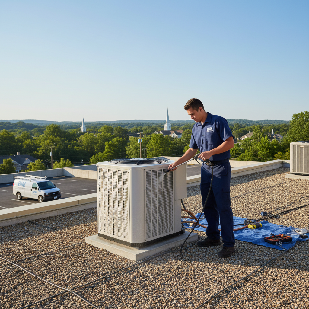 BIM Heating and Cooling professional performing HVAC maintenance on a rooftop unit in Fredericksburg, VA.