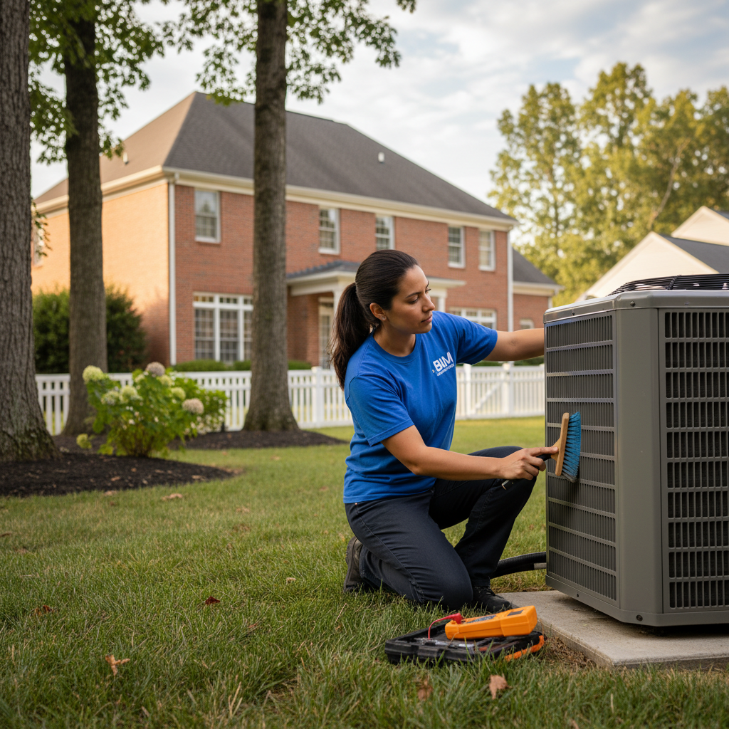 BIM Heating and Cooling professional performing HVAC maintenance on an outdoor unit in Fredericksburg, VA.