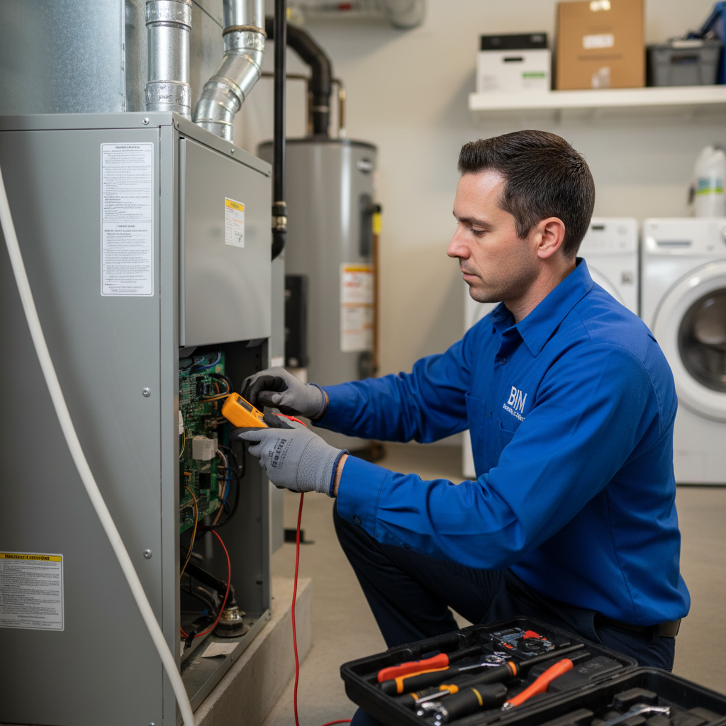 BIM Heating and Cooling professional performing HVAC maintenance on a furnace in a Fredericksburg, VA home's utility room.