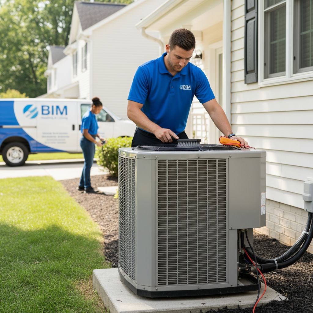 BIM Heating and Cooling professional performing HVAC maintenance on an outdoor unit in Fredericksburg, VA.
