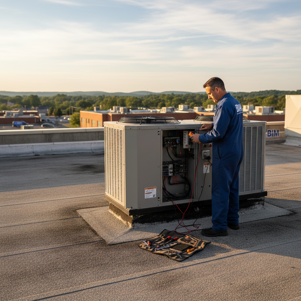 BIM Heating and Cooling professional performing HVAC maintenance in a Fredericksburg, Virginia commercial building.