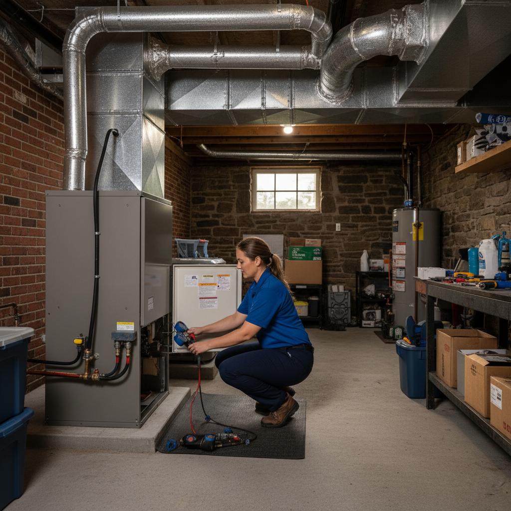 BIM Heating and Cooling professional performing HVAC maintenance in a Virginia basement near Fredericksburg.