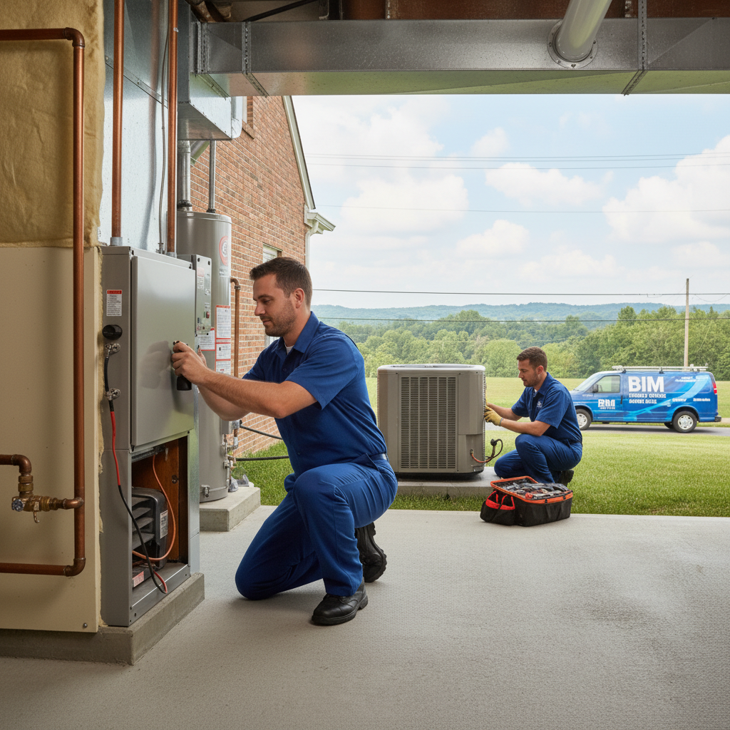 BIM Heating and Cooling professional performing HVAC maintenance outside a Fredericksburg, VA residence.