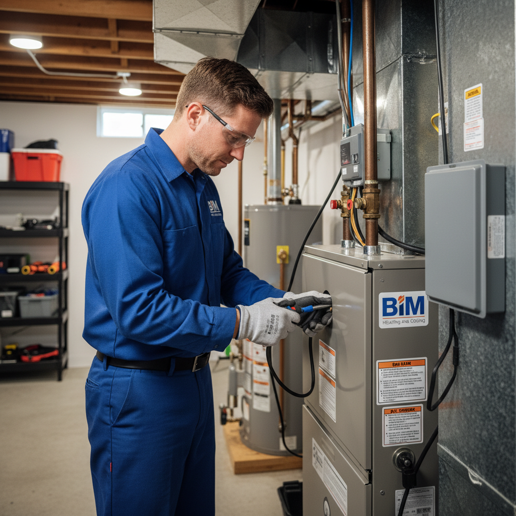 BIM Heating and Cooling professional performing HVAC repair service inside a Fredericksburg, VA home.