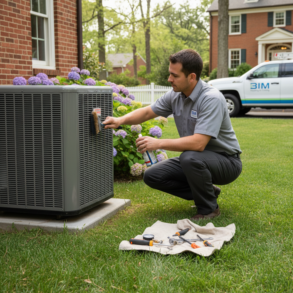BIM Heating and Cooling professional performing routine maintenance on an outdoor HVAC unit in Fredericksburg.