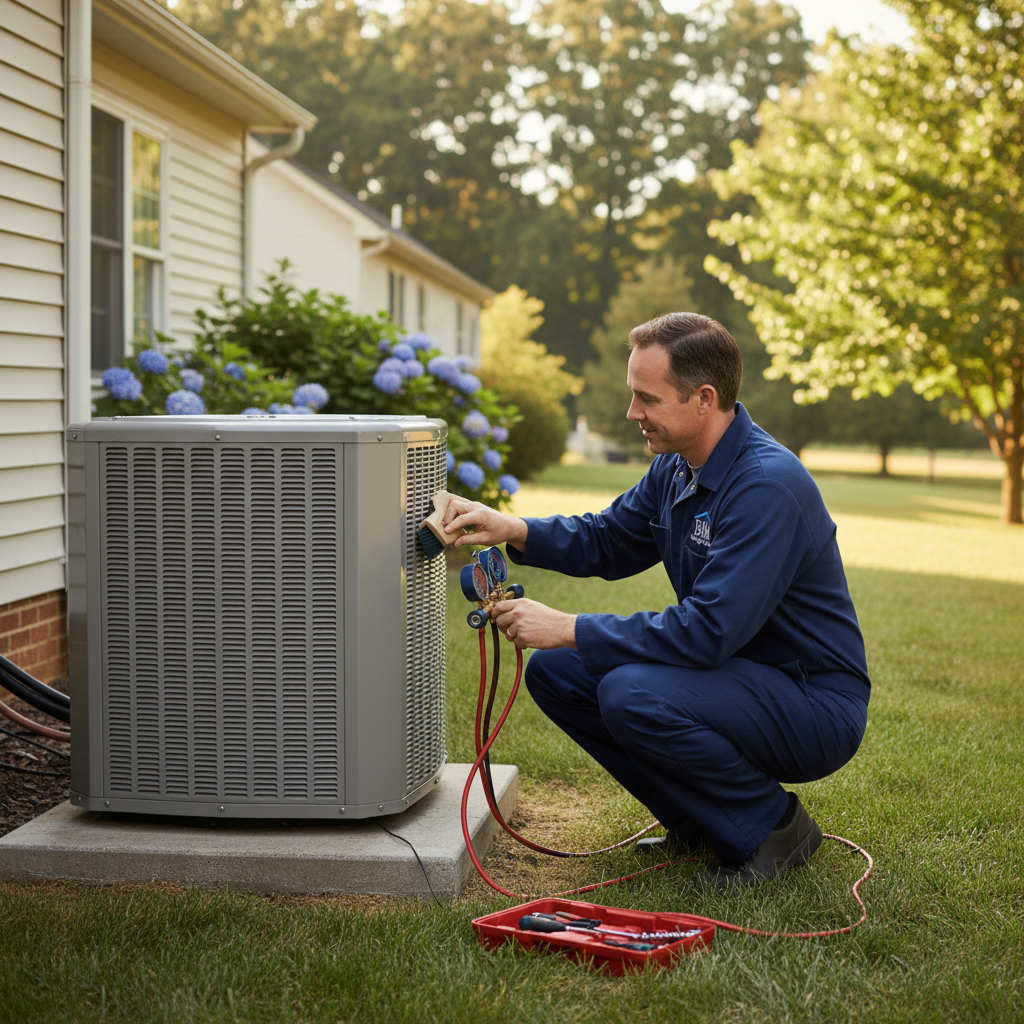 BIM Heating and Cooling professional servicing an outdoor air conditioning unit in Fredericksburg, Virginia for optimal cooling.