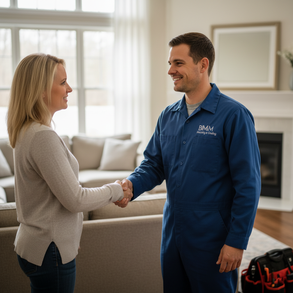 BIM Heating and Cooling professional shaking hands with a satisfied customer in Fredericksburg, Virginia.