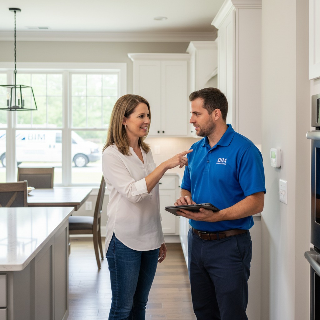 BIM Heating and Cooling professional technician consulting with a homeowner in Fredericksburg, Virginia.